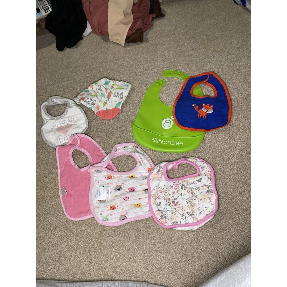 Lot 7 Baby Bibs OSFM Little Wonders Floral Fox Silicone Ashtonbee Teether